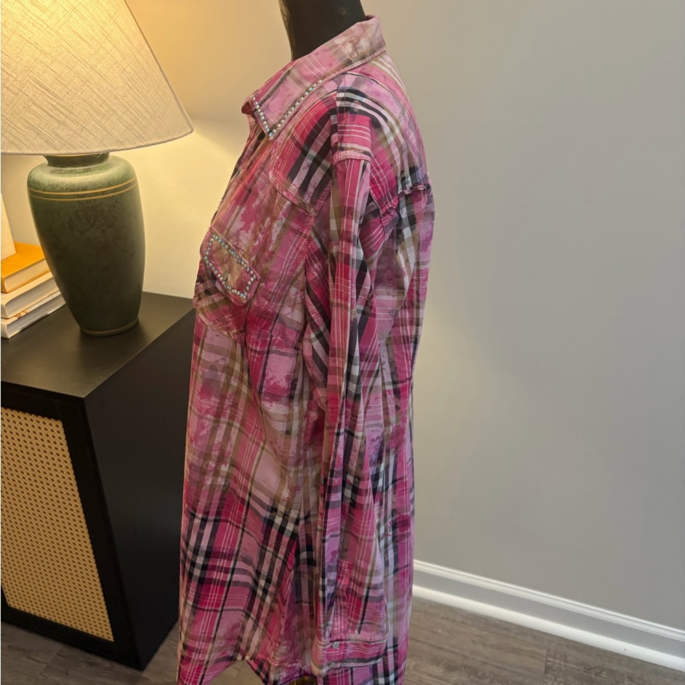 A Rare Bird Handmade Plaid Rhinestone Western Pearl Snap Shirt Dress Size M/L - Picture 6 of 16
